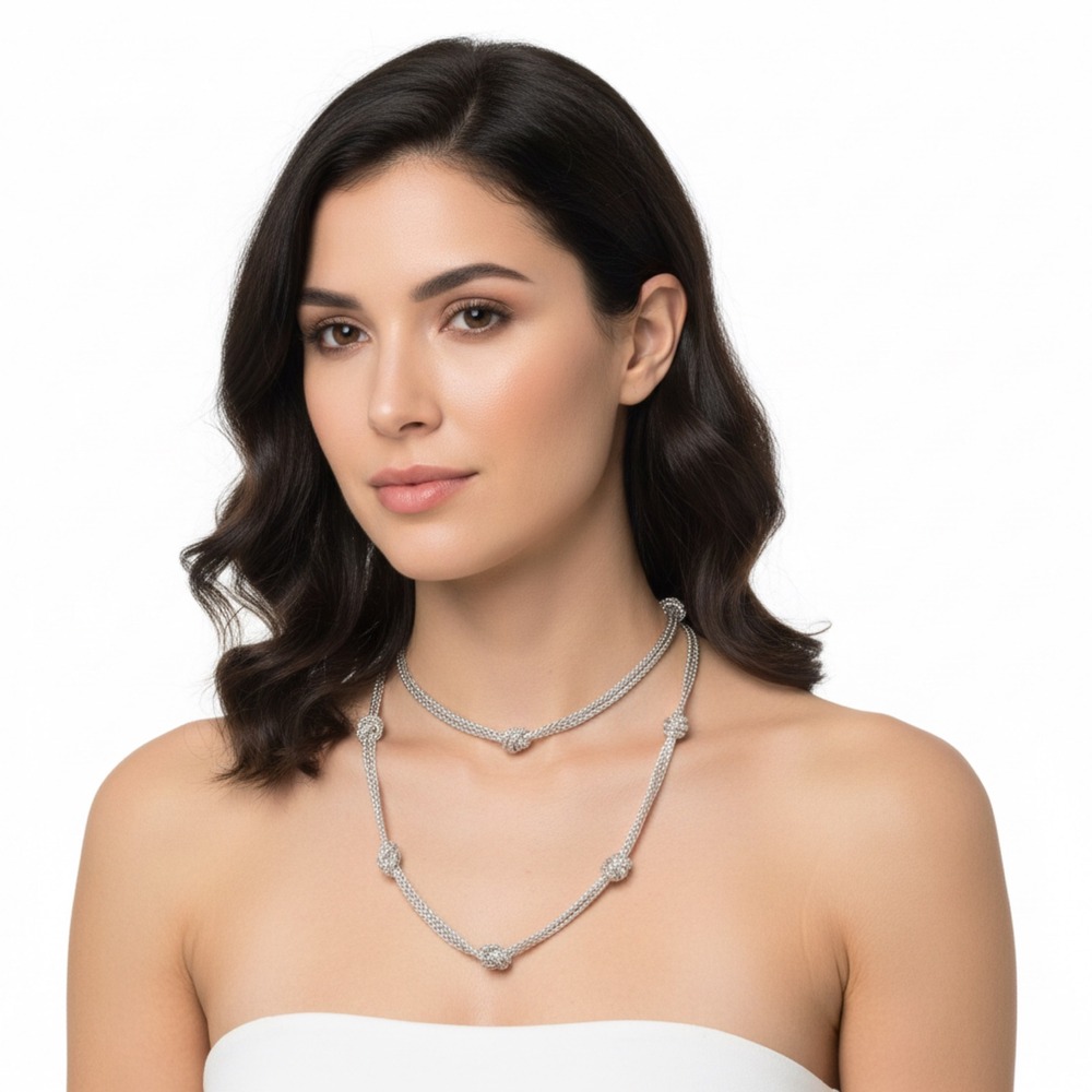 Lauren Ralph Lauren Silver Tone Long Station Knot Necklace 35" Toggle Classic